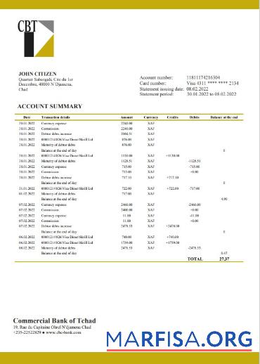 Blank Chad Commercial Bank of Tchad bank statement word real example